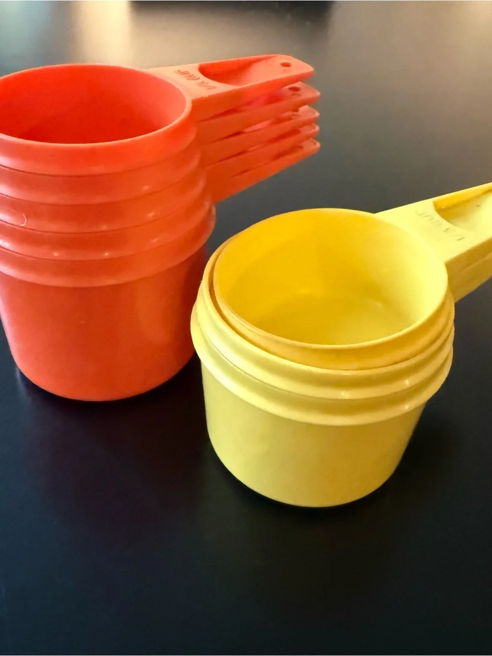 Set of 8 Vintage Tupperware Stackable Measuring Cups, Yellow and Orange